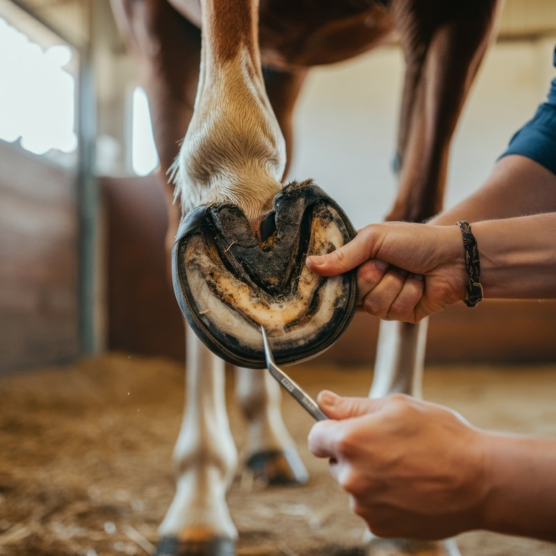 Maréchal-ferrant nettoyant minutieusement le sabot d'un cheval avec un cure-pied en stabulation.